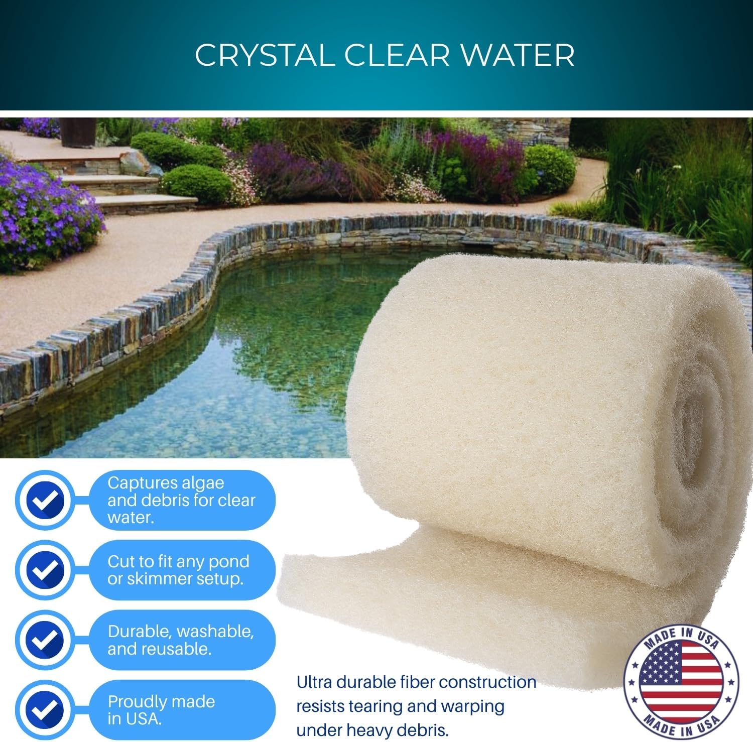 Pond Filter Media Roll, Fine and Coarse Cut to Fit Pads, Washable, Reusable Bulk Roll for Koi Ponds, Skimmers, Made in USA - Cream (Premium Coarse) 1.25”