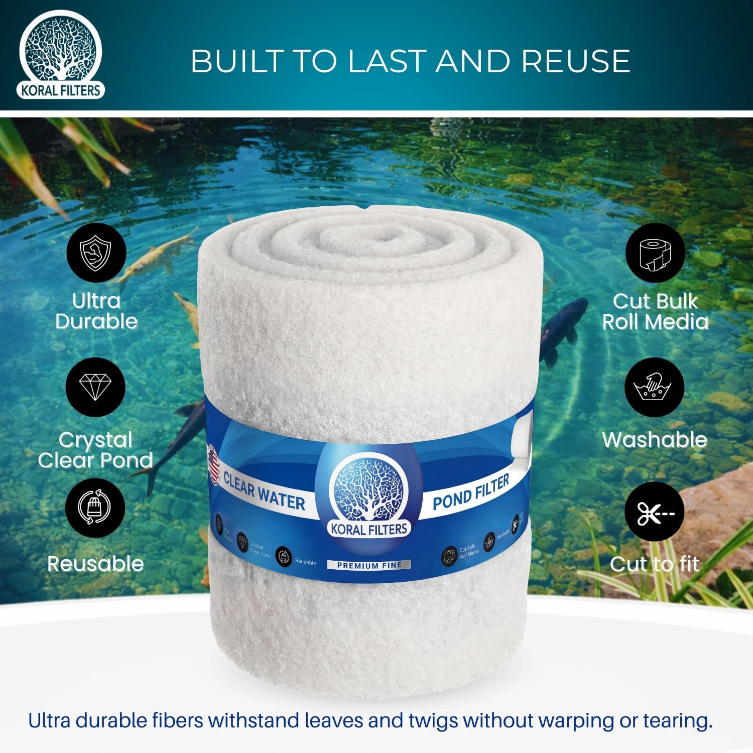 Pond Filter Media Roll, Fine and Coarse Cut to Fit Pads, Washable, Reusable Bulk Roll for Koi Ponds, Skimmers, Made in USA - White (Premium Fine) 1”