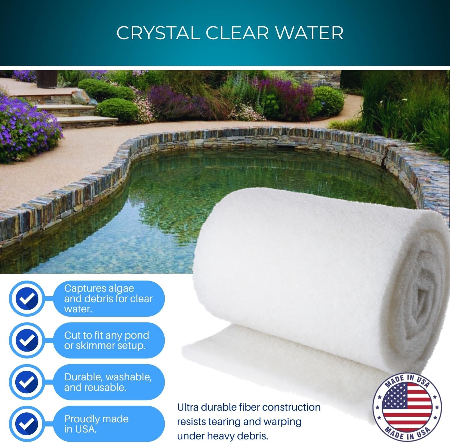 Pond Filter Media Roll, Fine and Coarse Cut to Fit Pads, Washable, Reusable Bulk Roll for Koi Ponds, Skimmers, Made in USA - White (Premium Fine) 1”